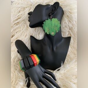 Jamaican Festival Wood Earrings and Matching Bracelet  ~ Art To Wear